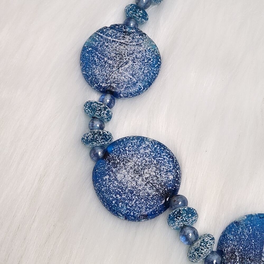 Boho Blue Art Glass Disc Beaded Necklace Chunky Coastal Statement Jewelry - Picture 3 of 4